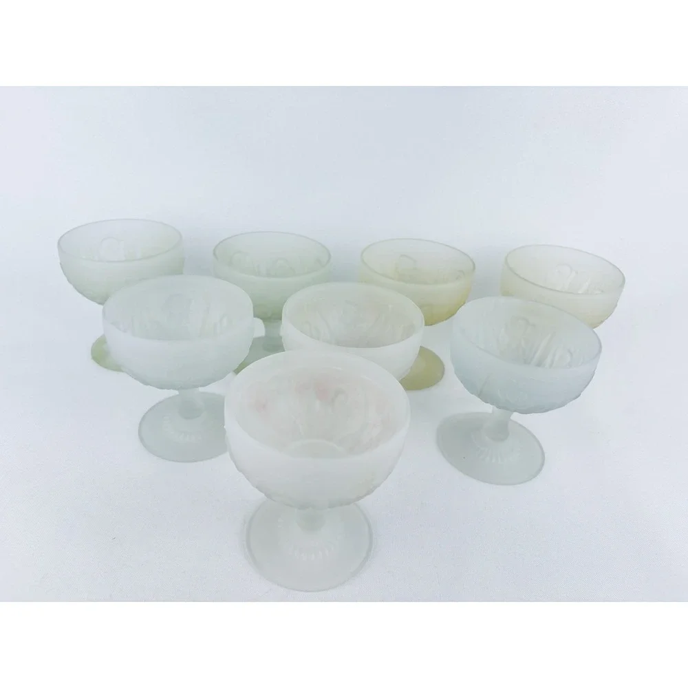 VTG Set 8 Jeanette Glass Frosted Iris & Herringbone Goblets Champagne Sherbet